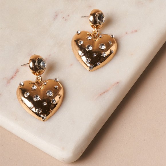 Waffle Jewelry - NEW Gold Giant Heart Rhinestone Dangle Earrings